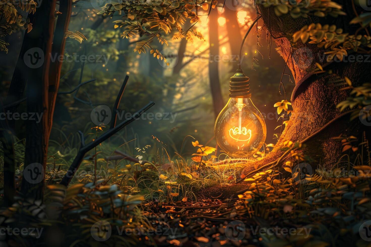 Glowing light bulb hanging in an enchanting forest at sunset photo
