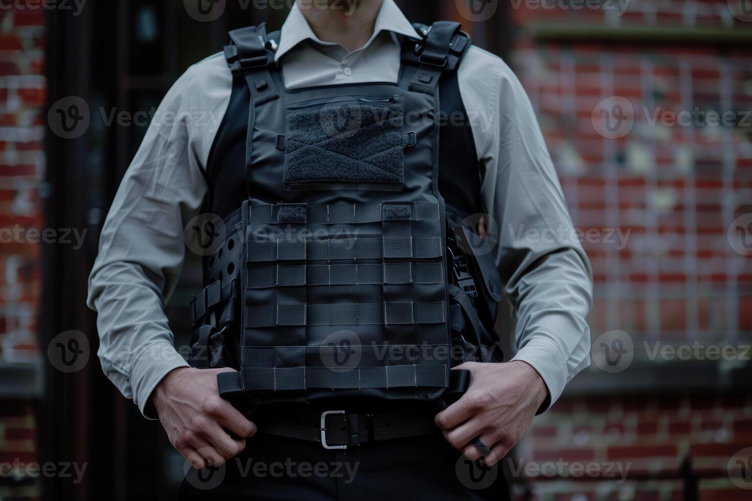 Security guard wearing bulletproof vest standing near brick wall photo