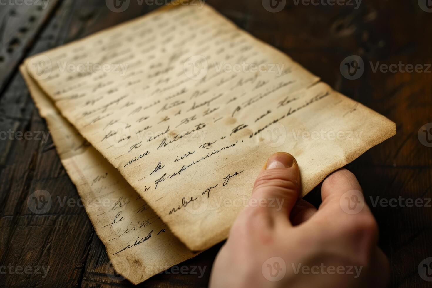 Historian reading ancient handwritten letter on wooden table photo