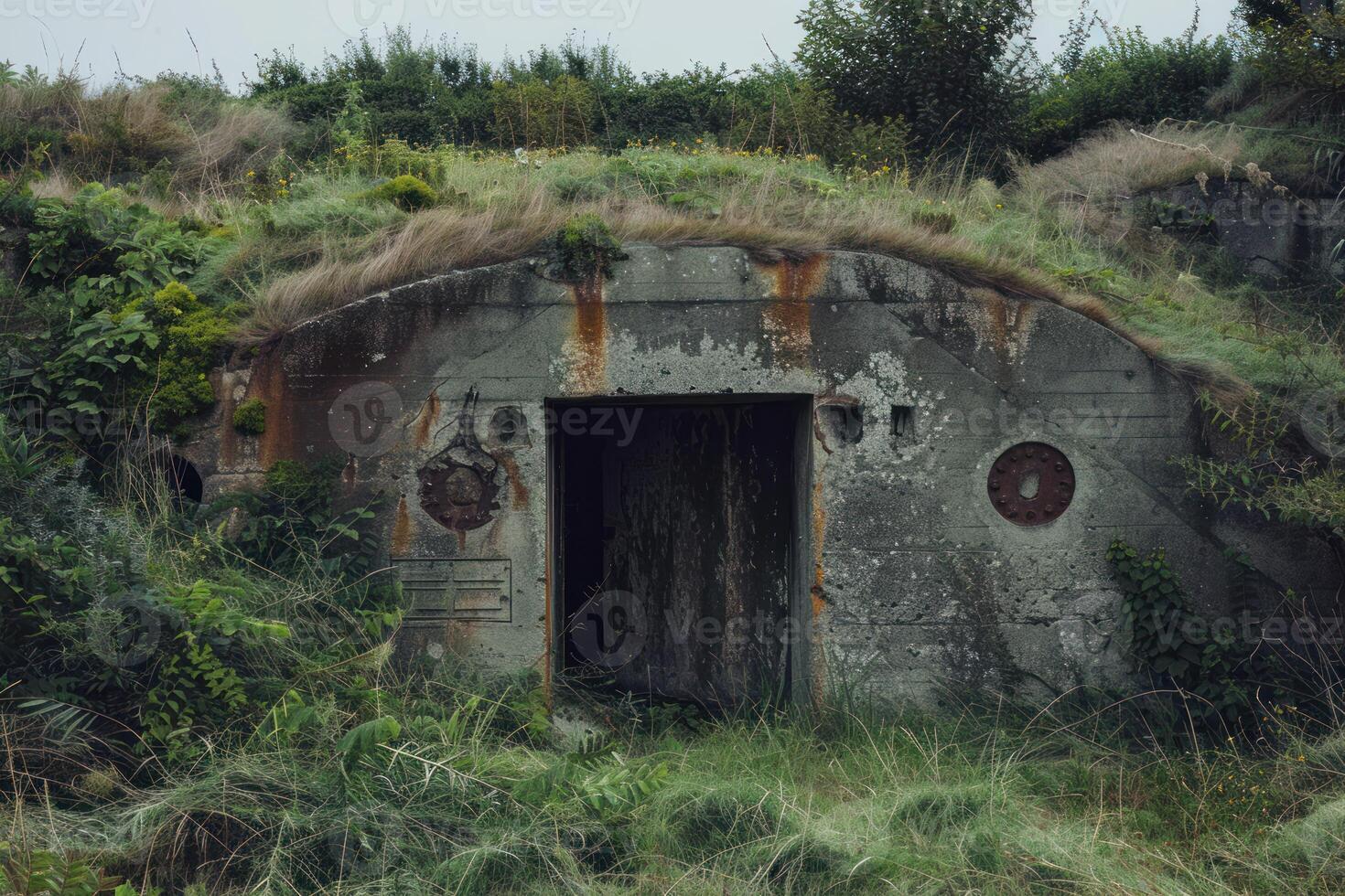 Old abandoned military bunker hiding in the lush green vegetation photo