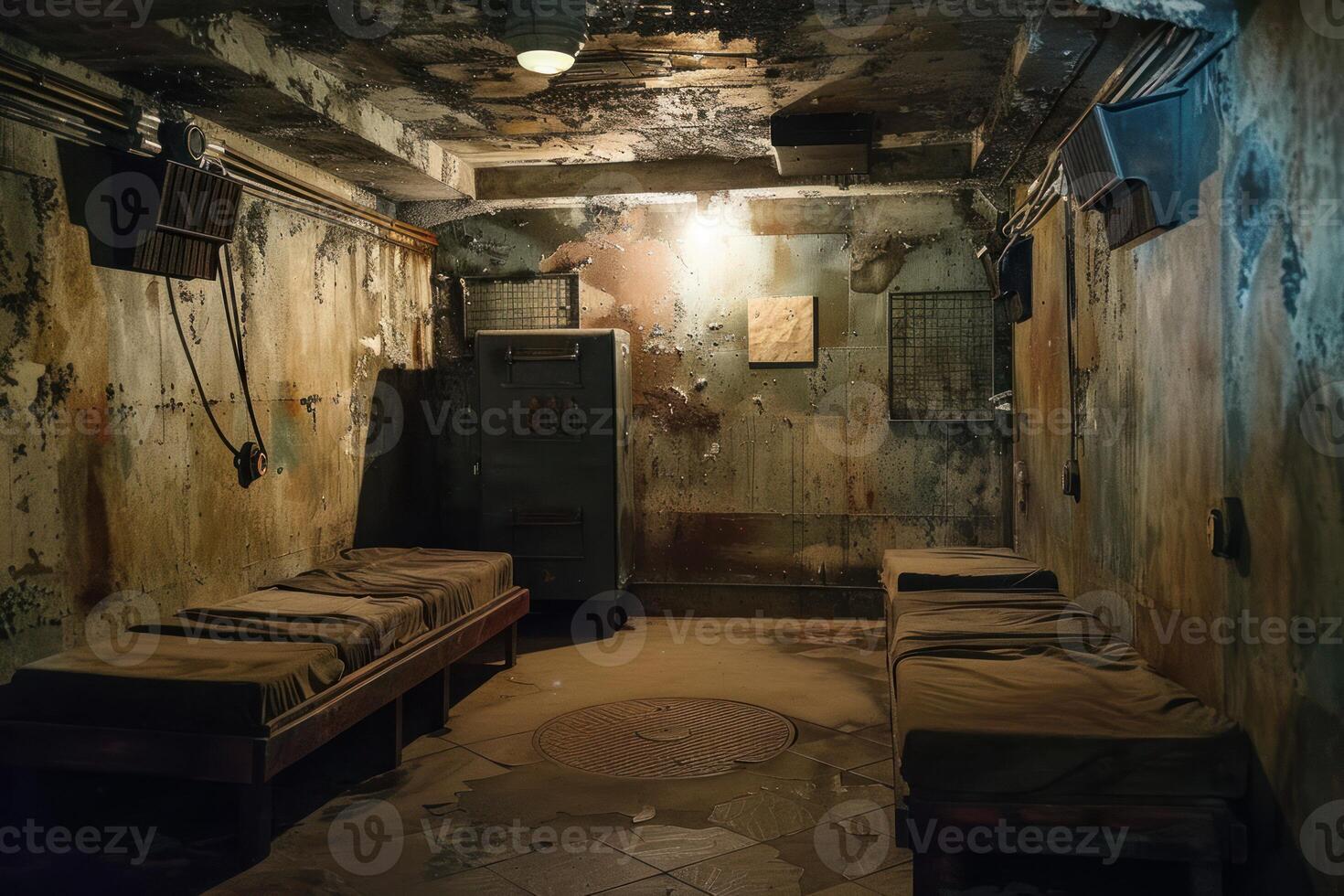 Derelict underground bunker showing signs of decay and neglect photo