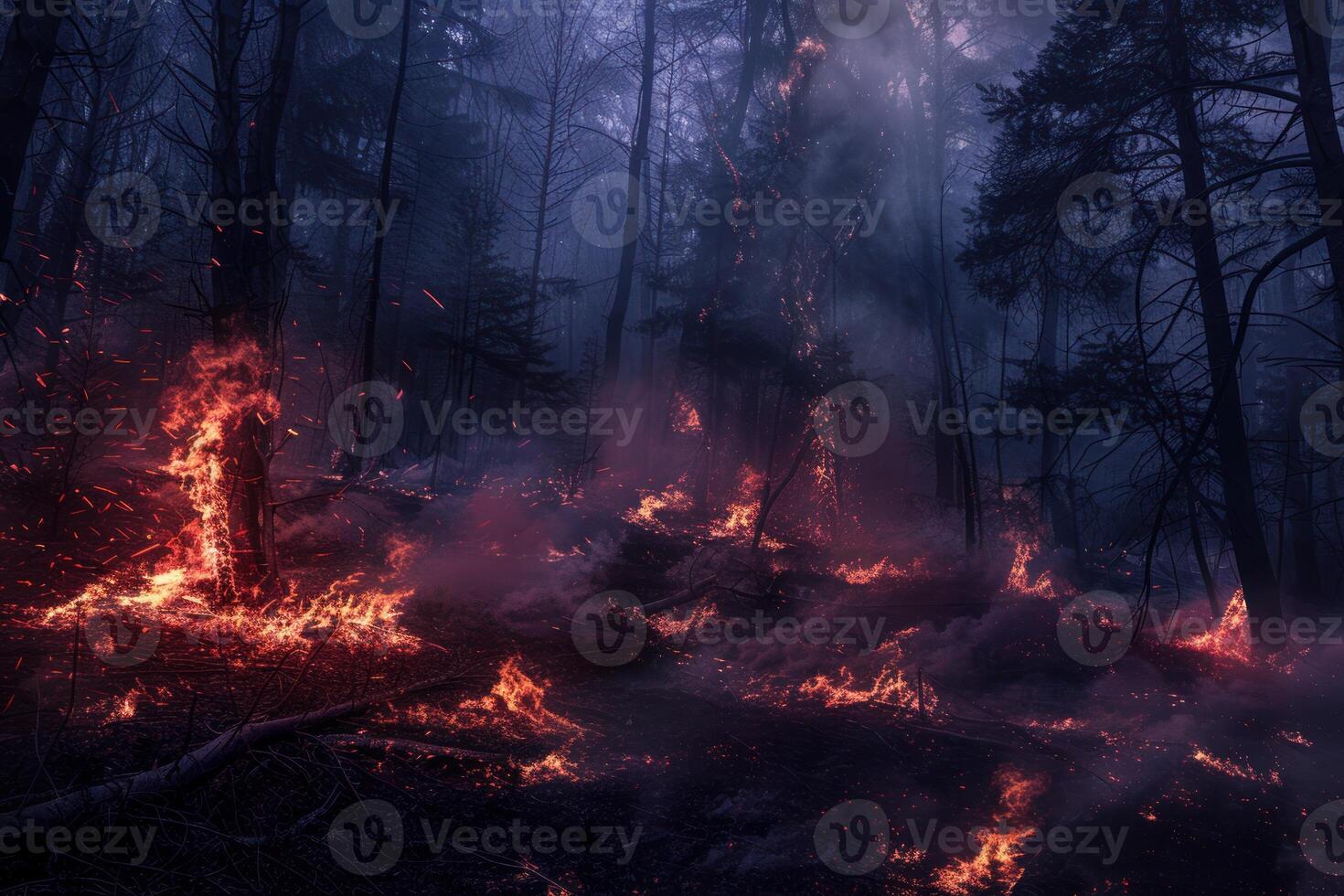 Forest fire burning at night, embers flying in the air photo