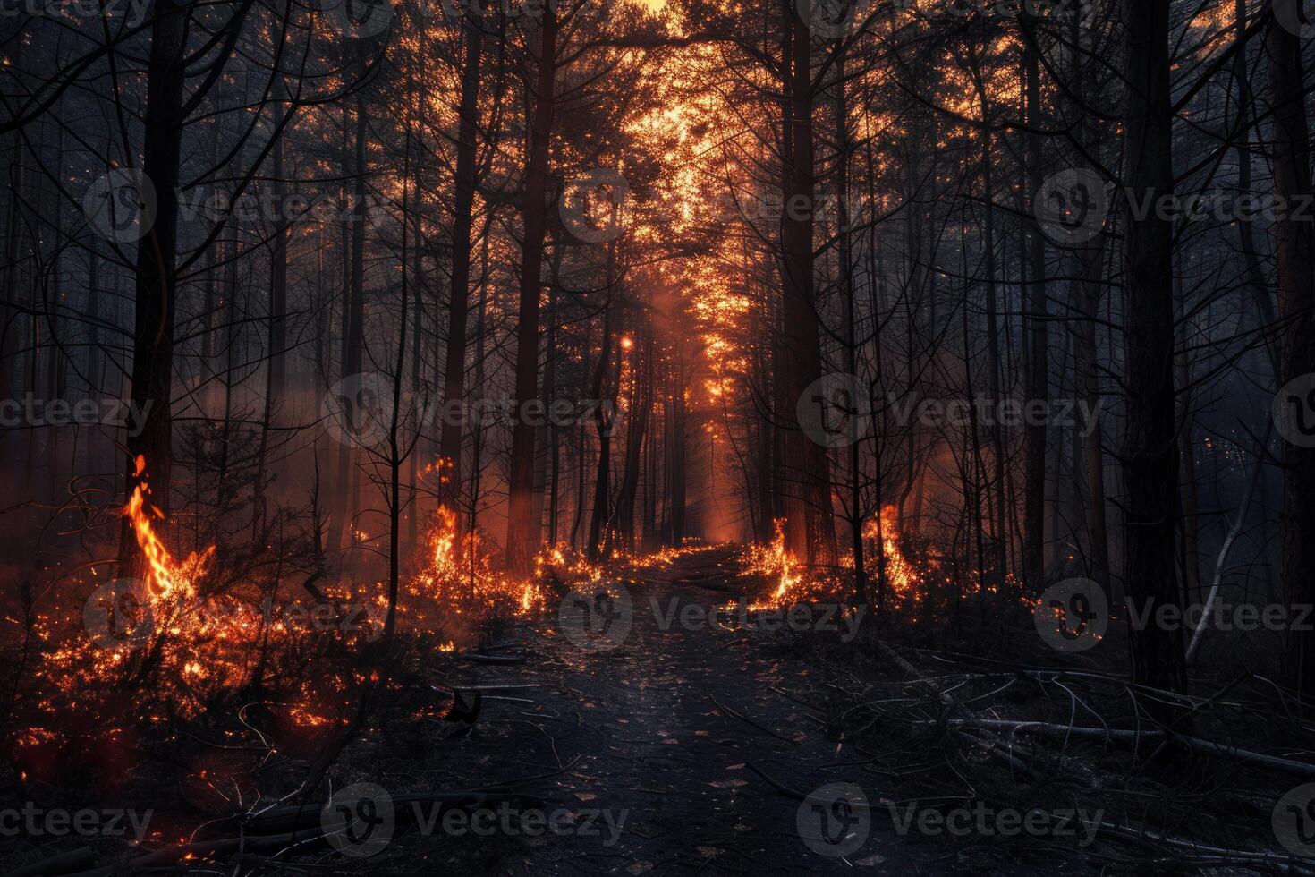 Forest fire burning wildly along path at sunset photo