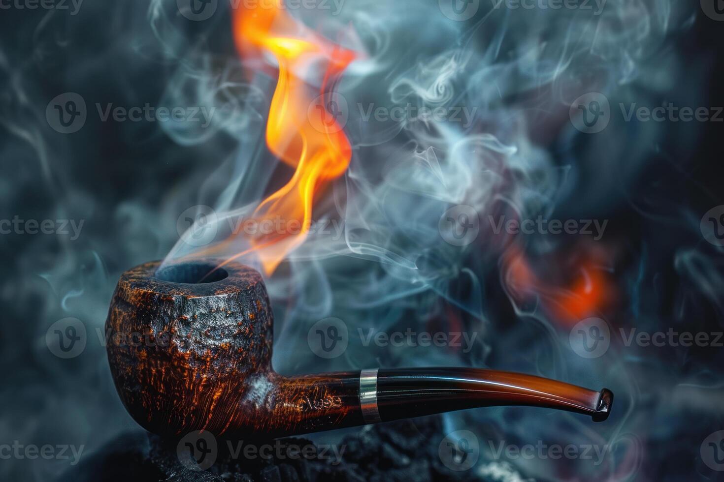 Smoking pipe burning with flames and smoke in dark background photo