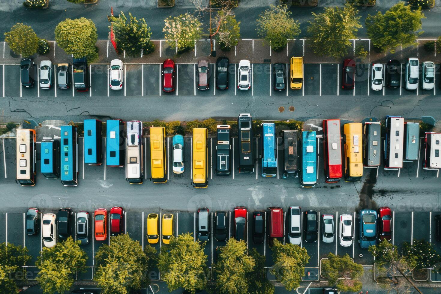 Parking lot with buses and cars in perfect rows from above photo