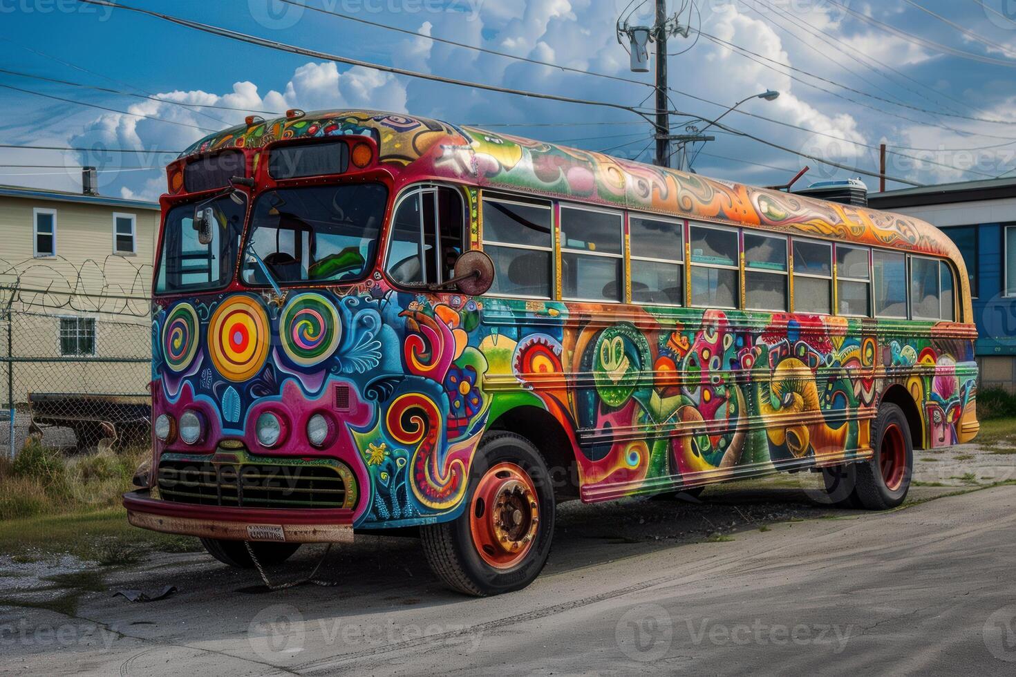 Colorful psychedelic hippie bus parked on a sunny day photo