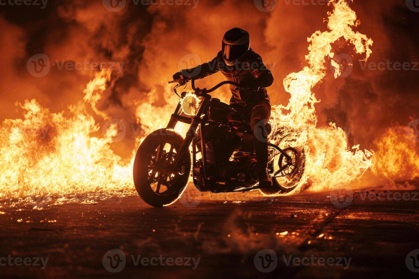 Motorcyclist performing a dangerous stunt with a burning motorcycle photo