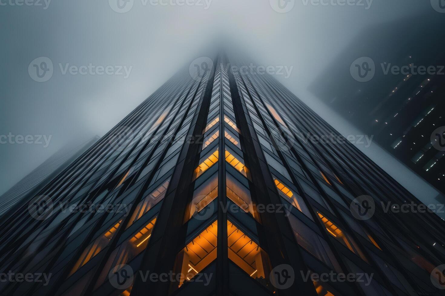 Modern skyscraper piercing fog with illuminated windows at dusk photo