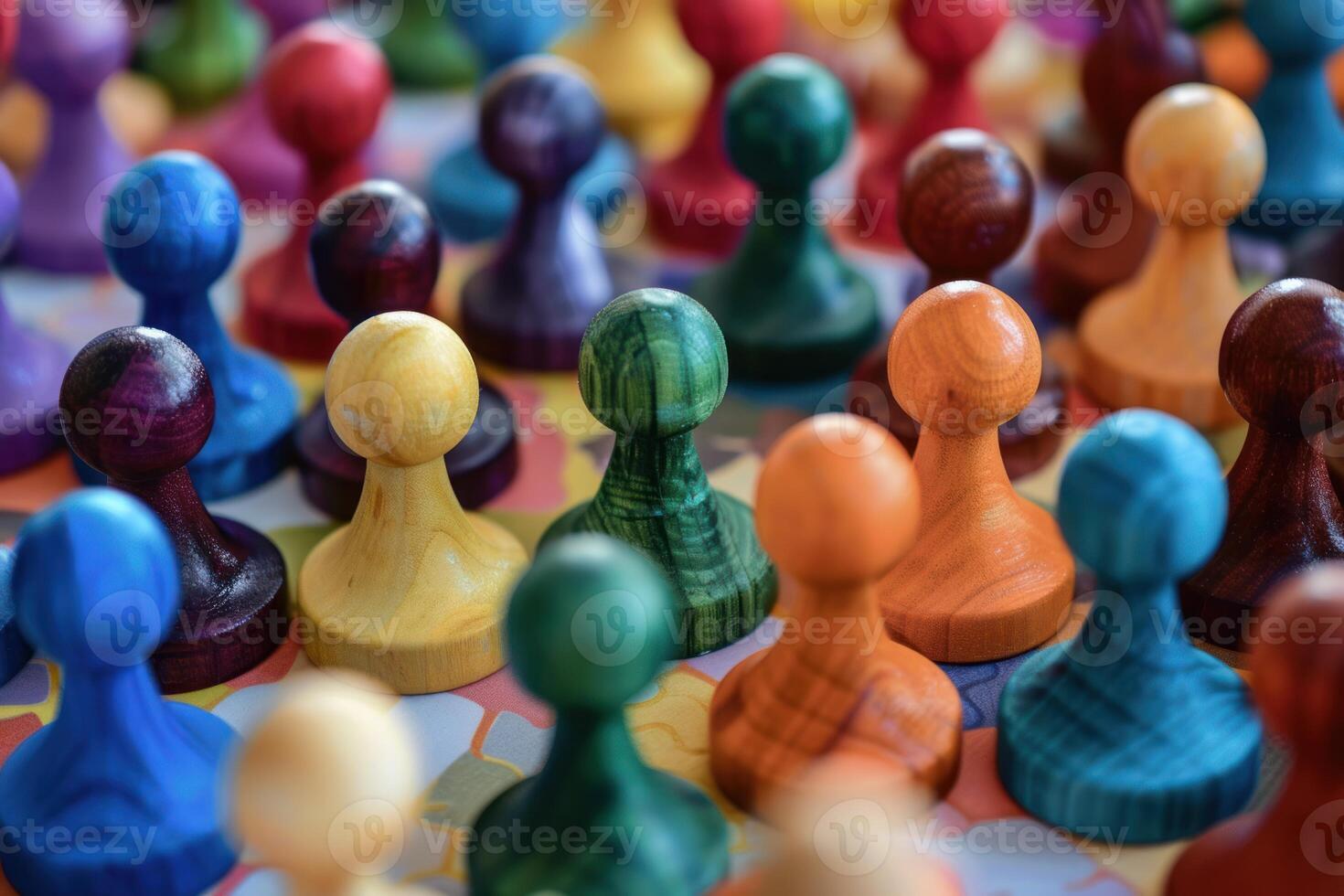 Colorful wooden pawns standing on a board game representing diversity and inclusion photo