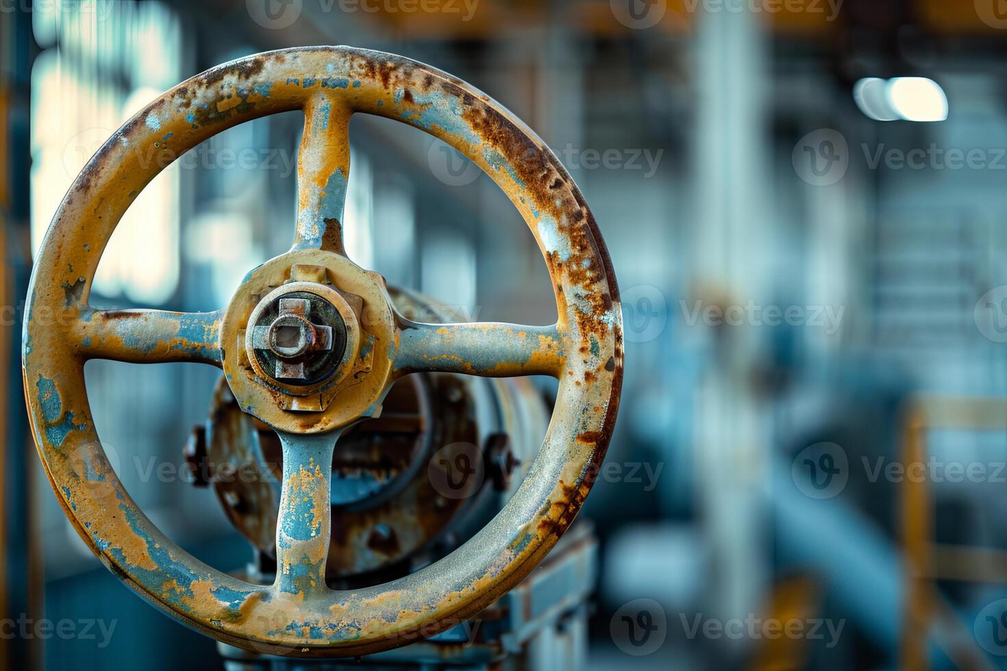 Rusty valve wheel controlling industrial pipeline flow photo