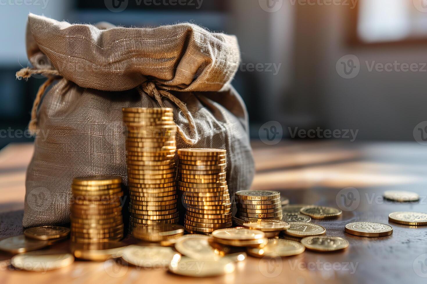 Money bag overflowing with stacks of gold coins representing savings and investment photo