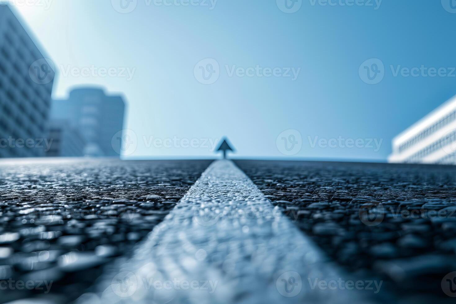 White line and arrow pointing forward on asphalt road between buildings photo