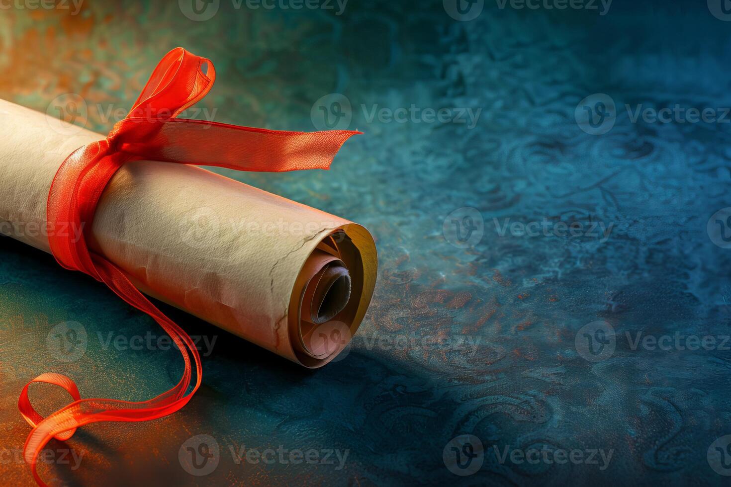 Rolled paper tied with red ribbon on decorative background symbolizing important documents photo