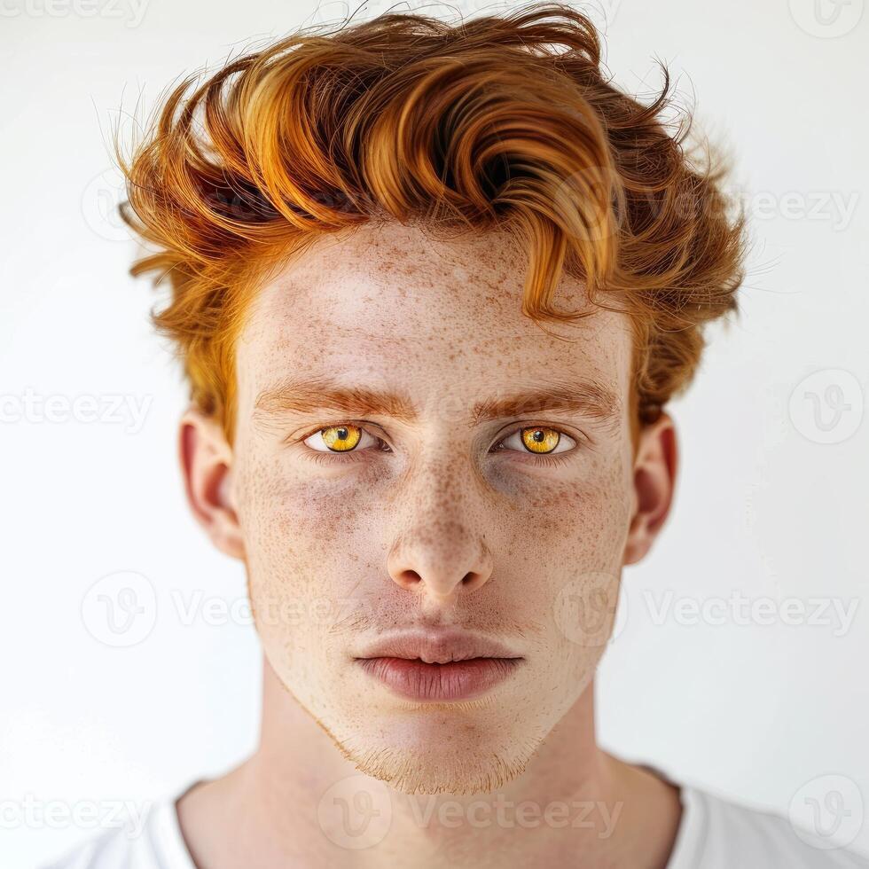 Portrait of young red hair man with freckles posing in studio photo