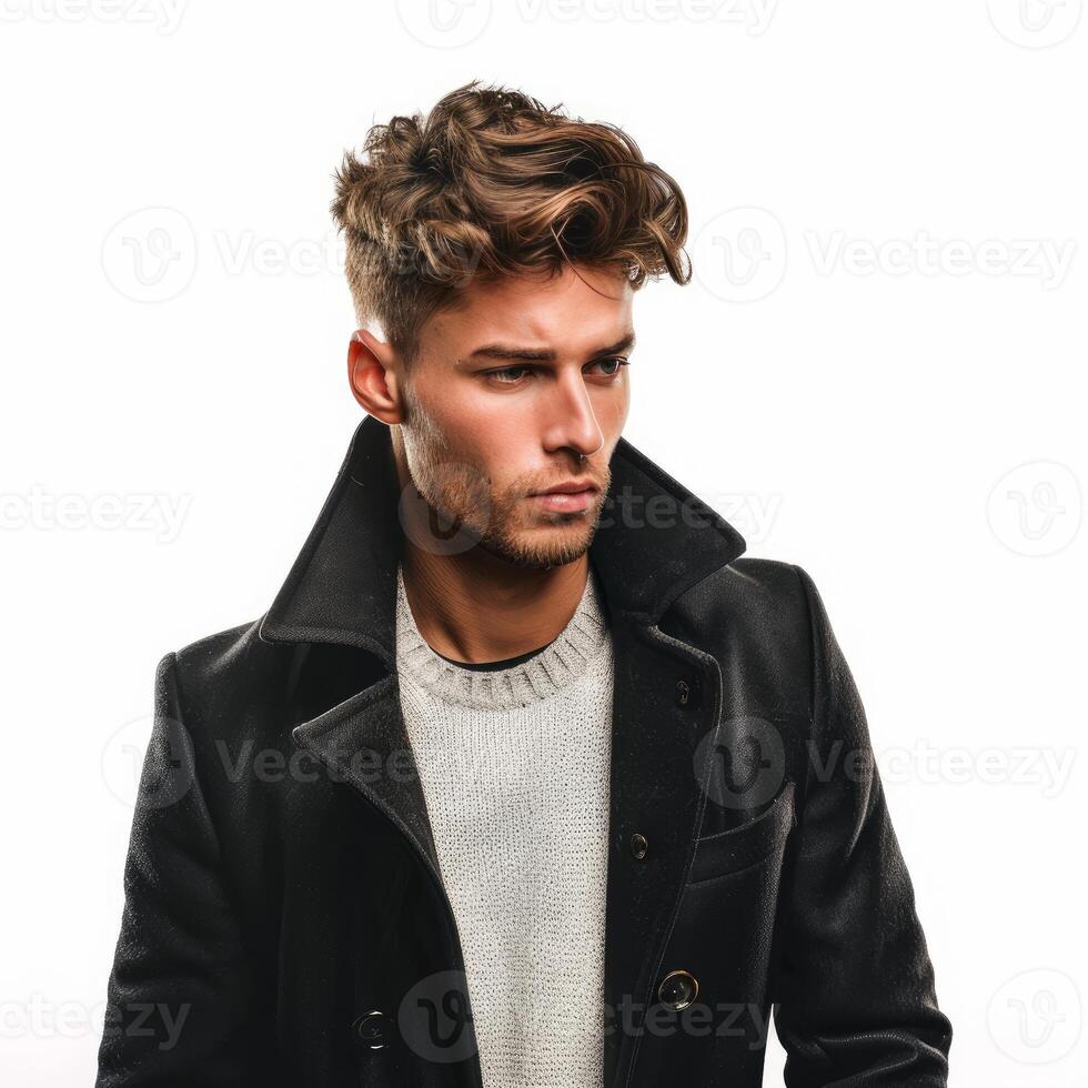 Handsome male model wearing black coat posing on white background photo