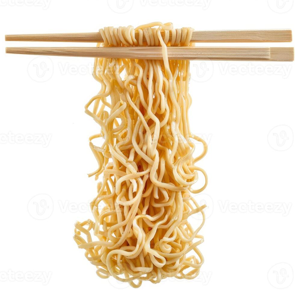 Chopsticks lifting instant noodles on a white background photo