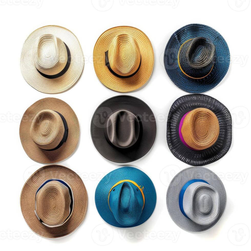 Nine stylish hats hanging on white wall displaying different colors and styles photo