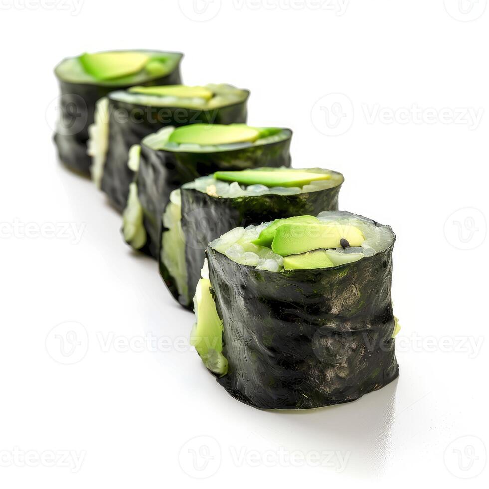 Delicious avocado sushi rolls standing in a row on white background photo