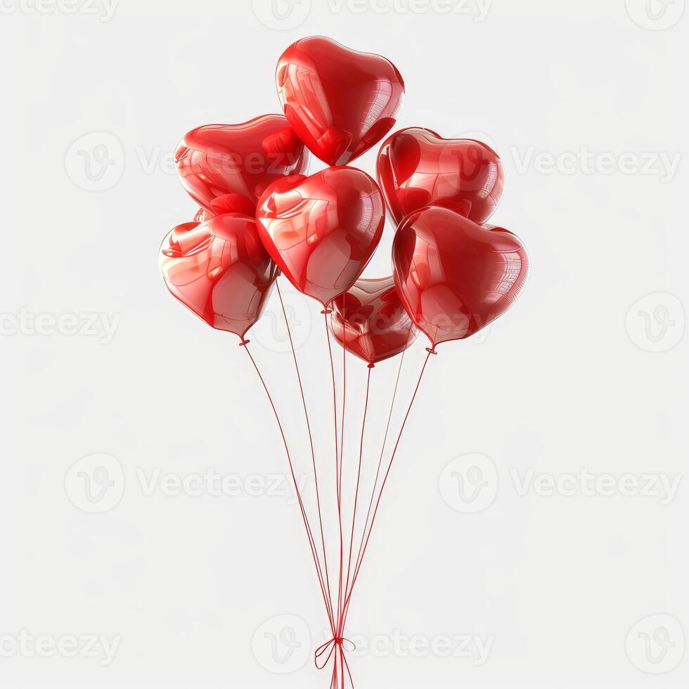 Bunch of red heart shaped balloons floating on white photo