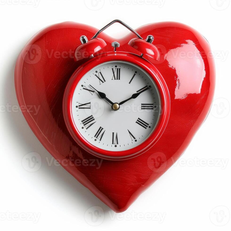 Red heart shaped clock showing time passing quickly on white background photo