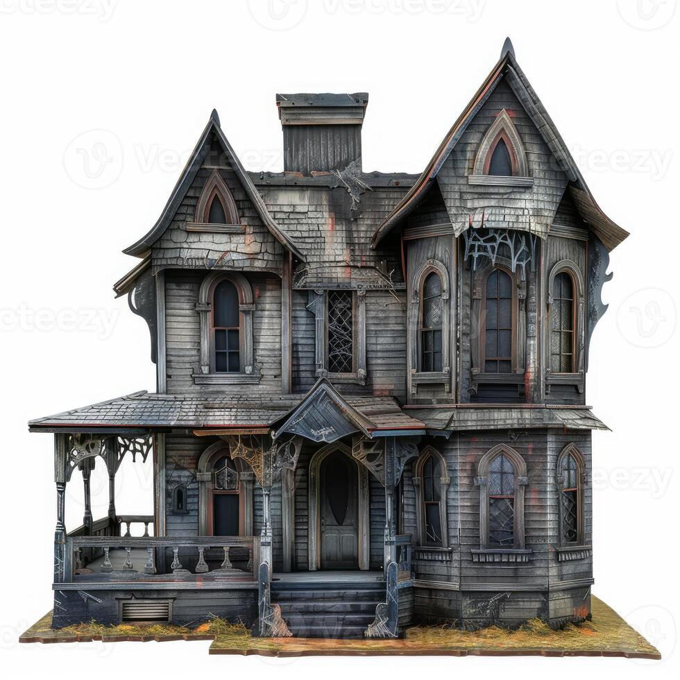 Creepy victorian haunted house with broken windows and spider webs photo
