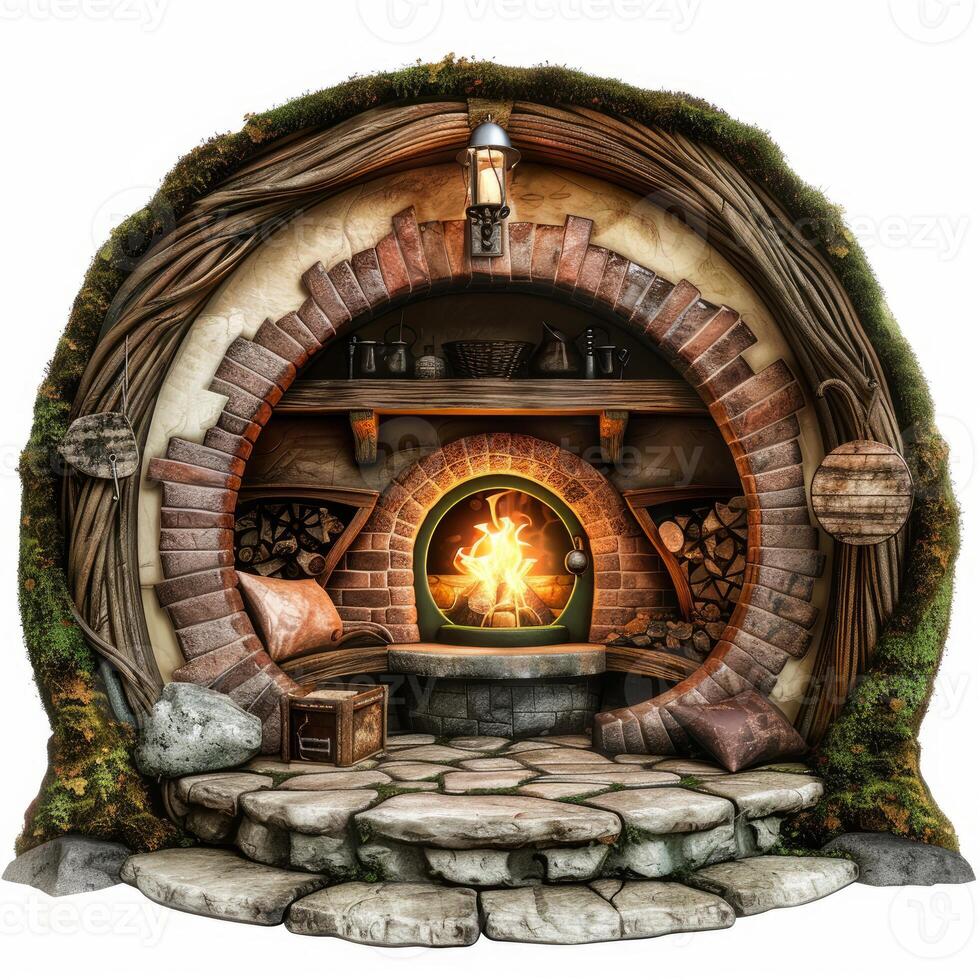 Cozy hobbit hole entrance with burning fireplace and rustic decor photo
