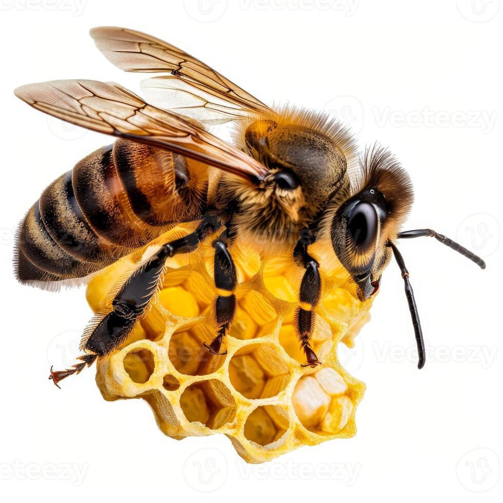 European honey bee standing on honeycomb on white background photo