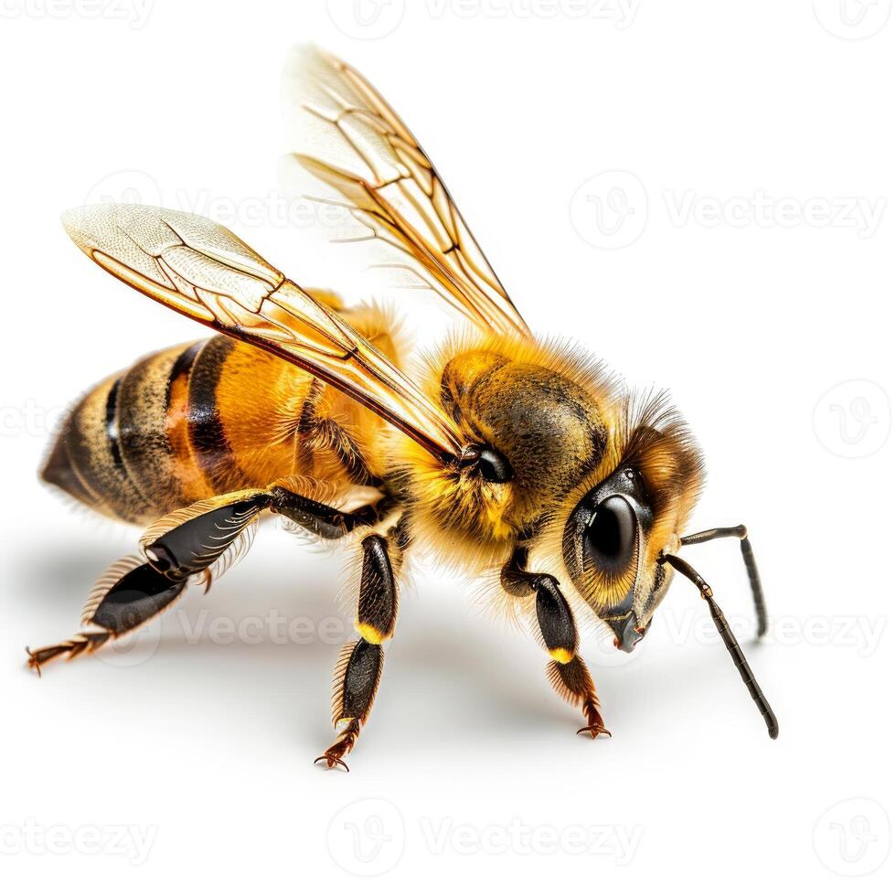 Honey bee standing on white background photo