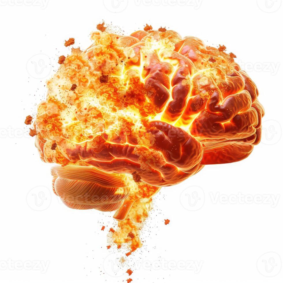 Human brain exploding on white background representing mental health issues photo