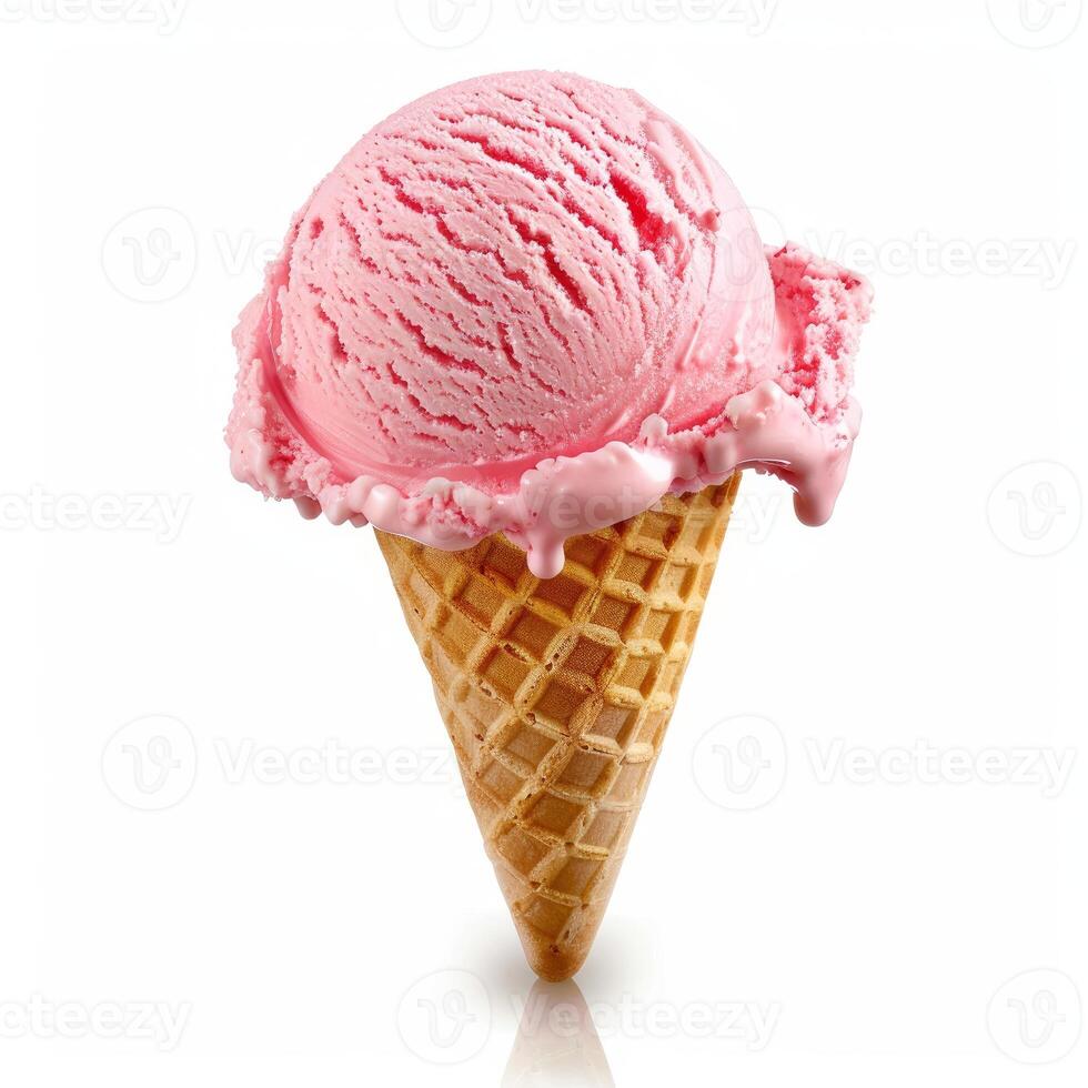 Strawberry ice cream melting on a cone on a white background photo