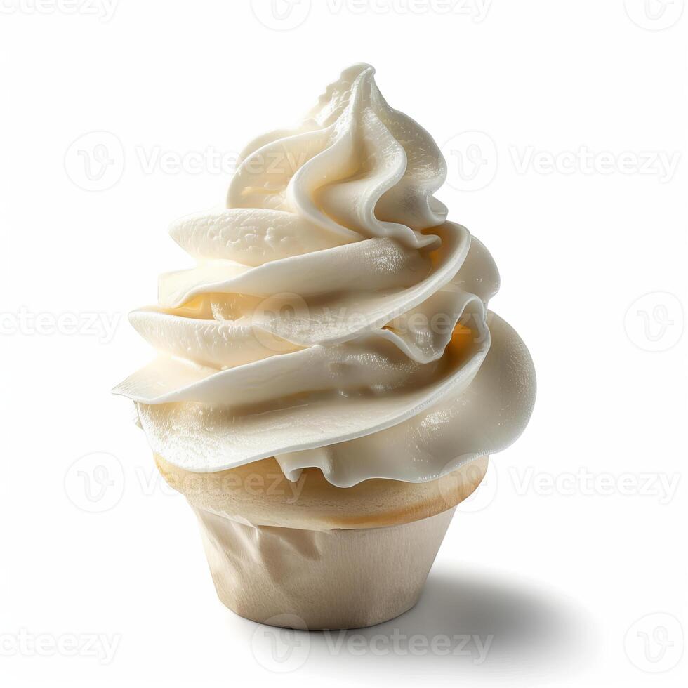 Delicious soft serve ice cream swirling in a crispy cone on white background photo