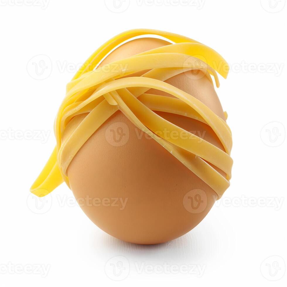 Egg wrapped with noodles on white background photo