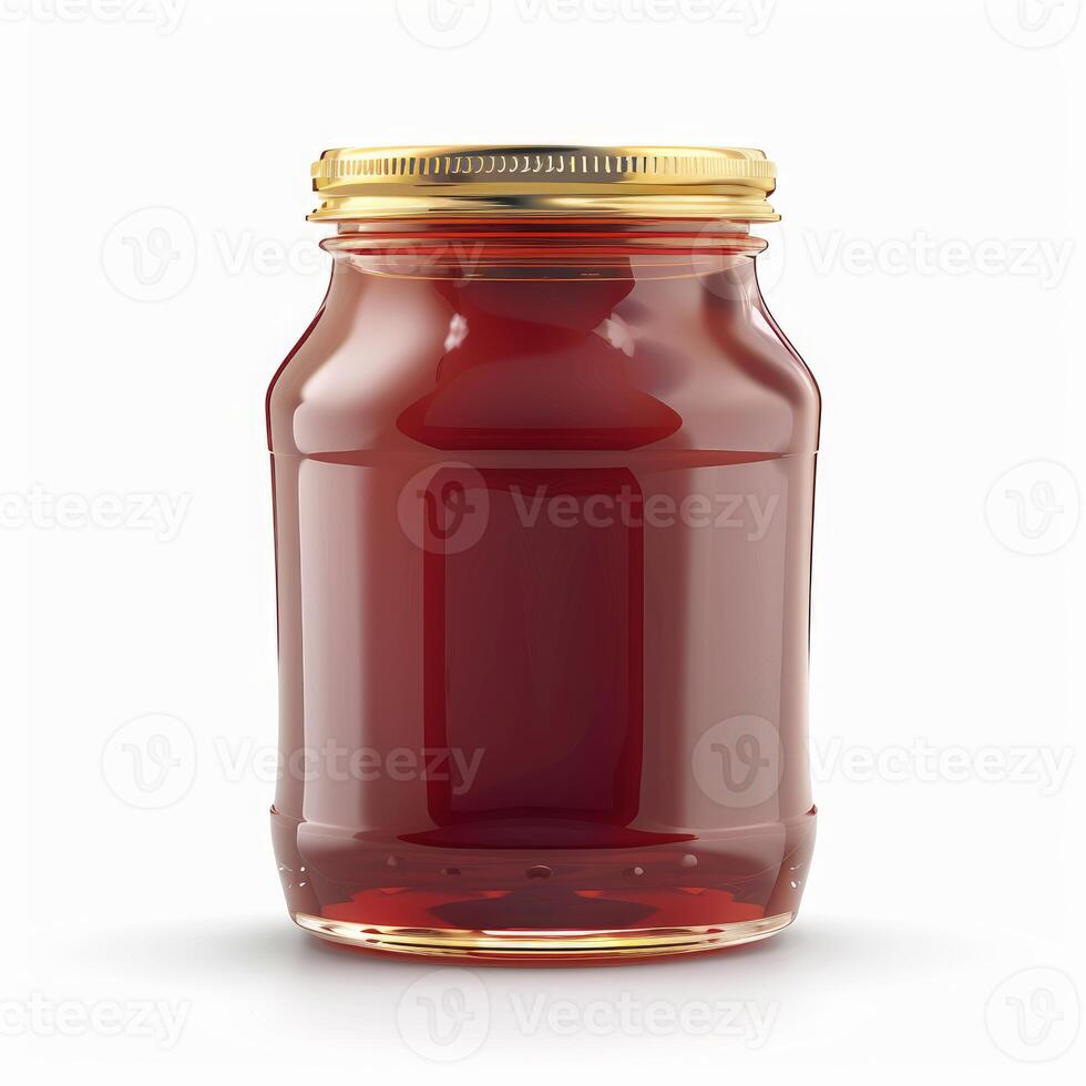 Glass jar with golden cap containing red preserves on white background photo