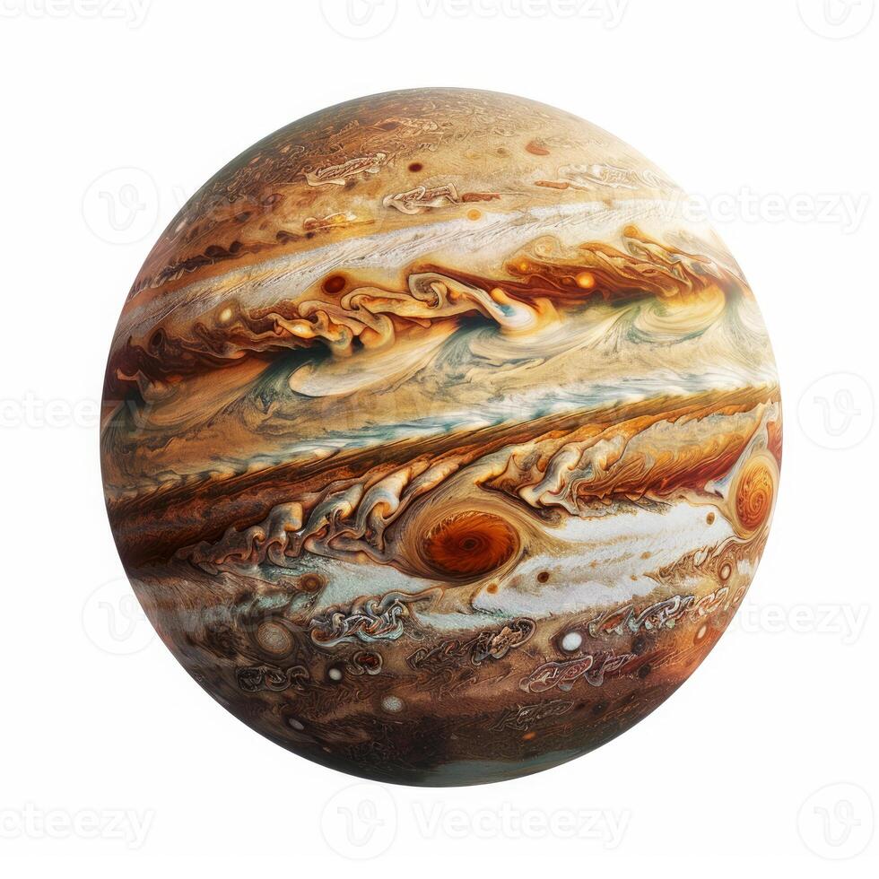Jupiter planet rotating showing swirling cloud belts and great red spot photo
