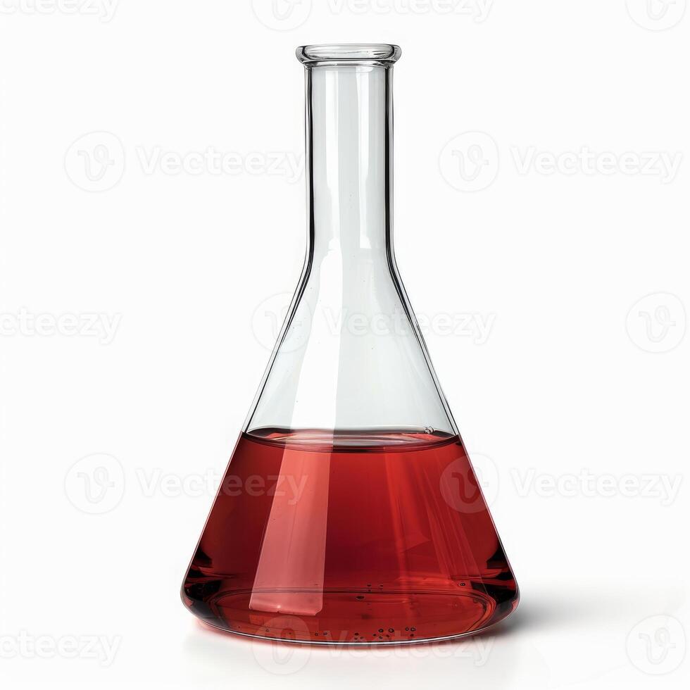 Erlenmeyer flask containing red chemical liquid on white background photo