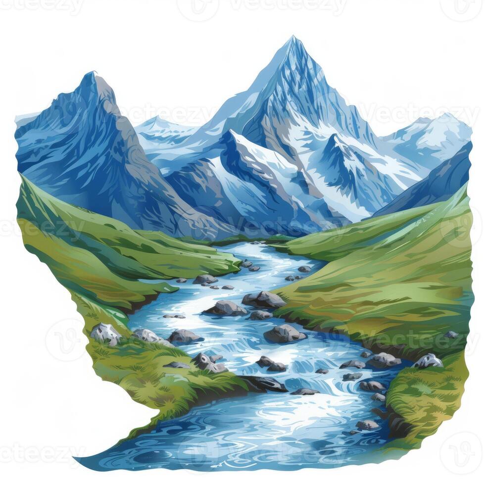 Crystal clear mountain river flowing through lush valley beneath majestic peaks photo