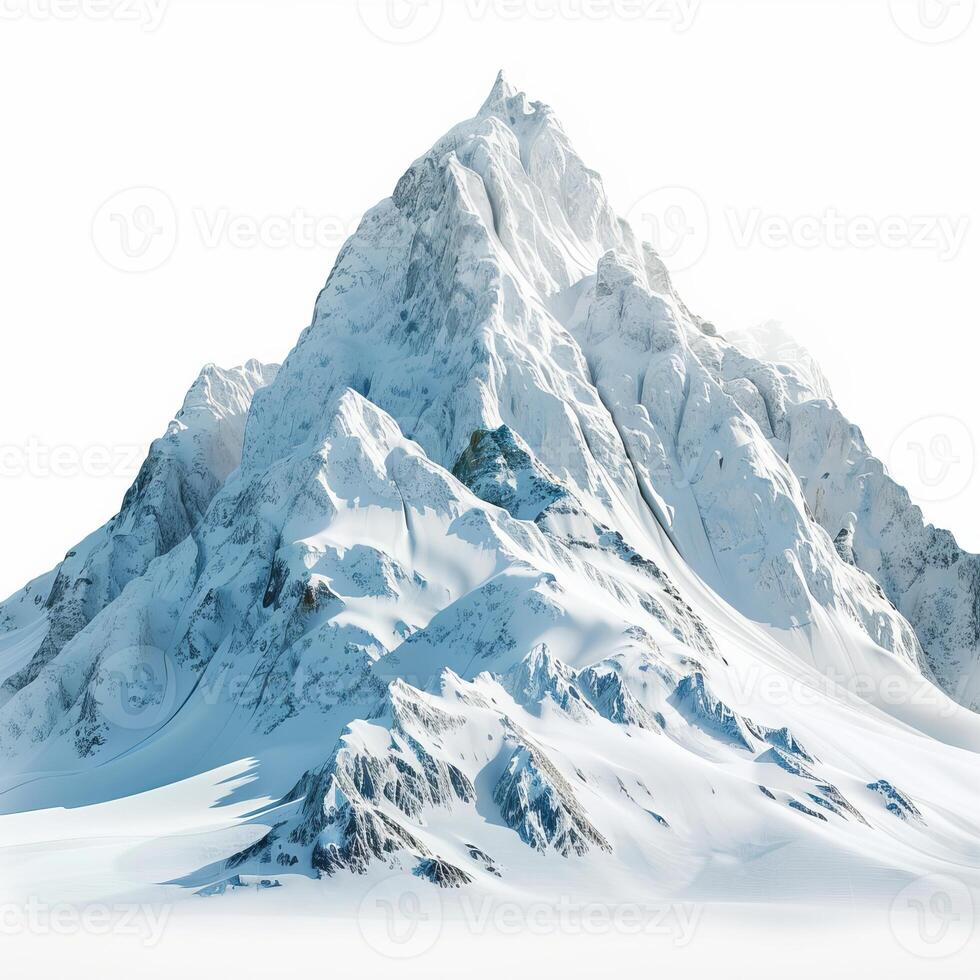 Snowy mountain peak reaching for the sky on white background photo