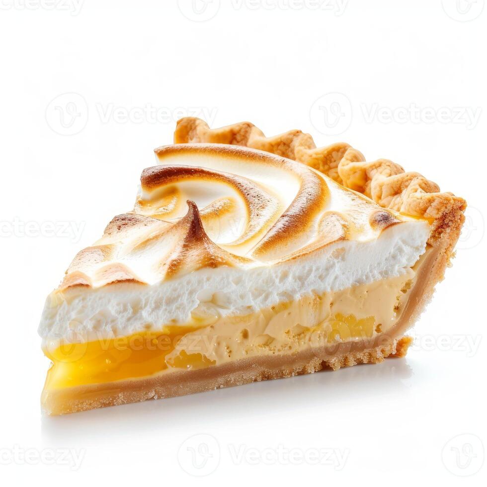 Delicious slice of lemon meringue pie showing golden crust and fluffy meringue topping photo