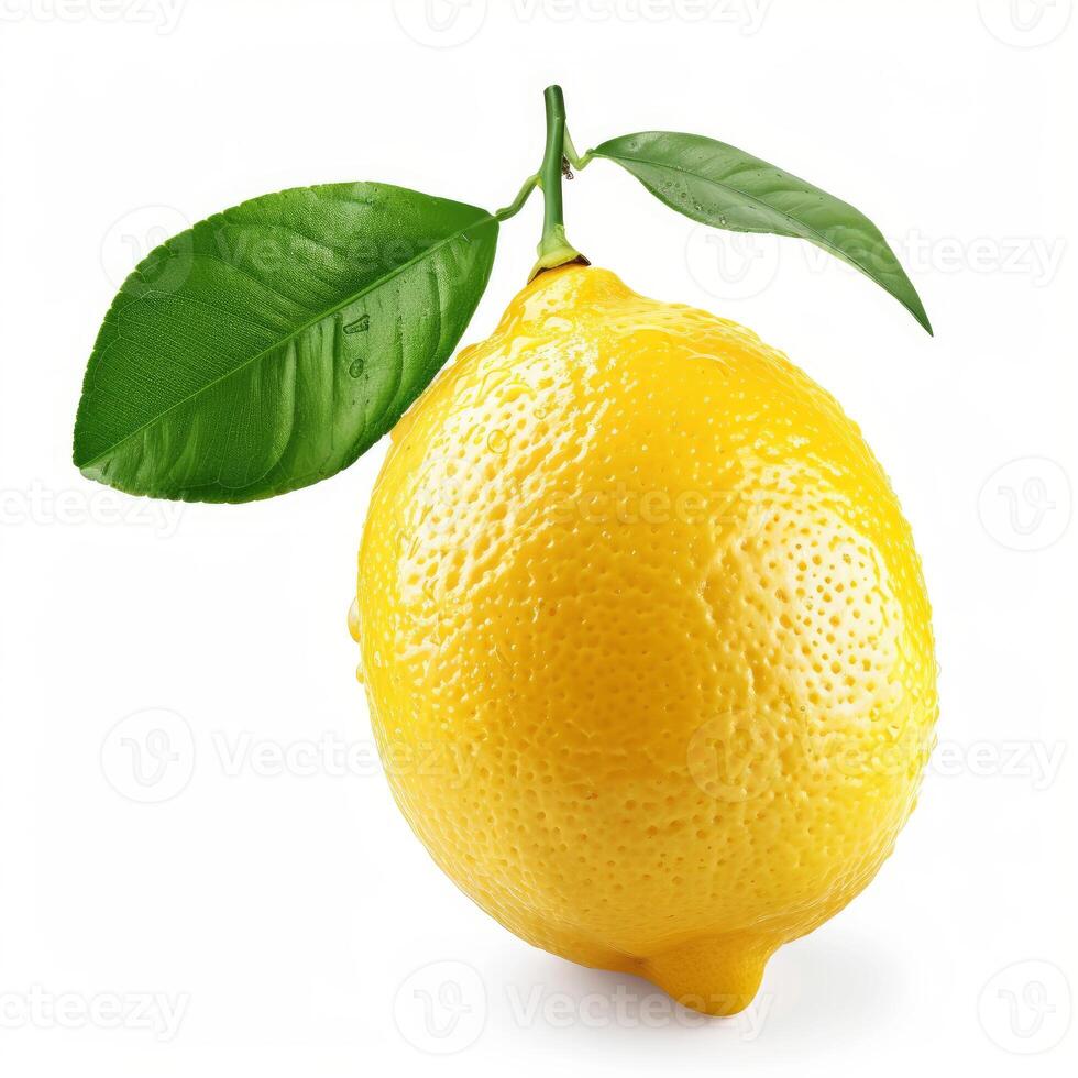 Fresh ripe lemon hanging on branch with green leaves photo