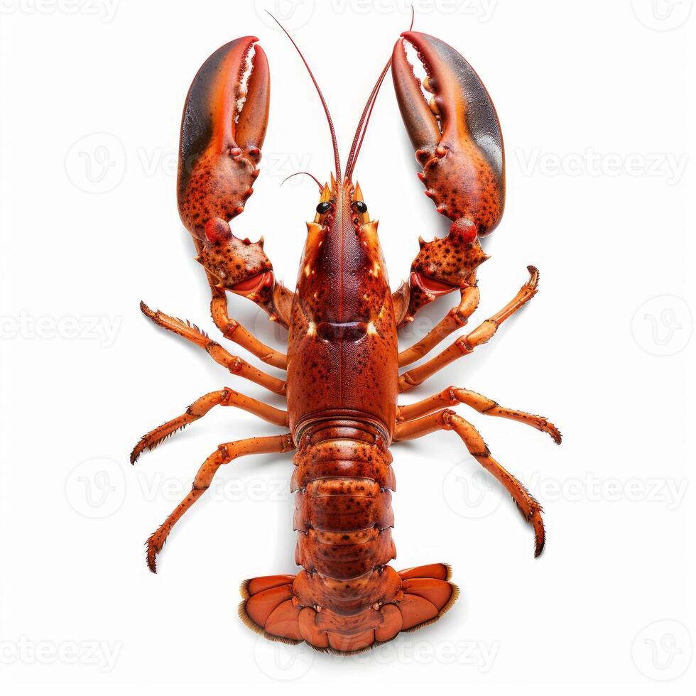 Whole cooked lobster on white background showing claws and tail photo