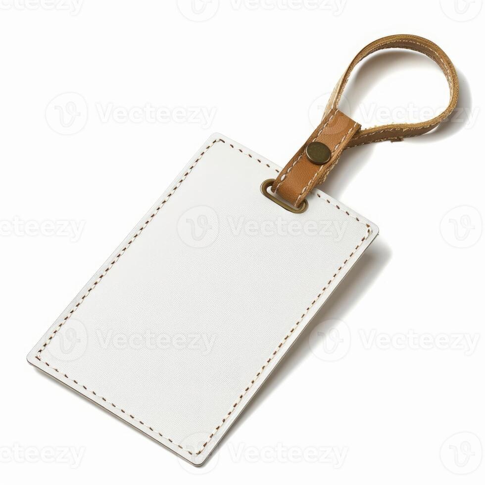White leather luggage tag with brown leather strap on white background photo