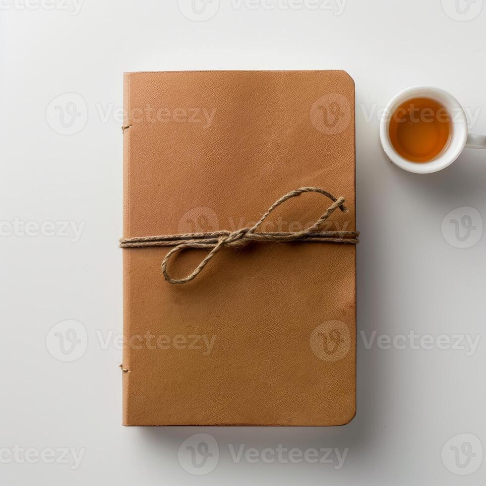Leather notebook tied with string and cup of tea on white background photo