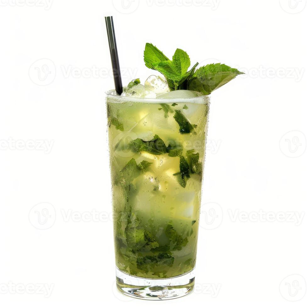 Refreshing mojito cocktail with mint and ice cubes on white background photo