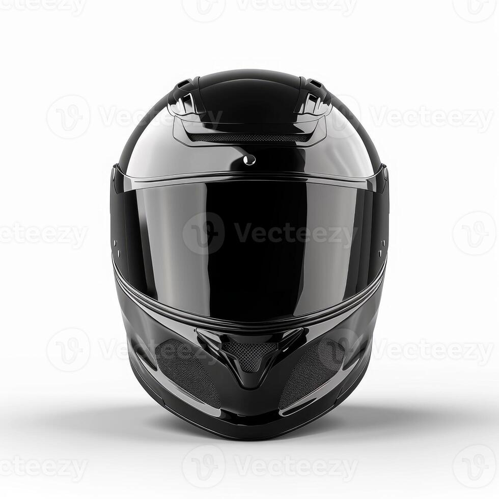 Black glossy motorcycle helmet presenting modern and sleek design on white background photo