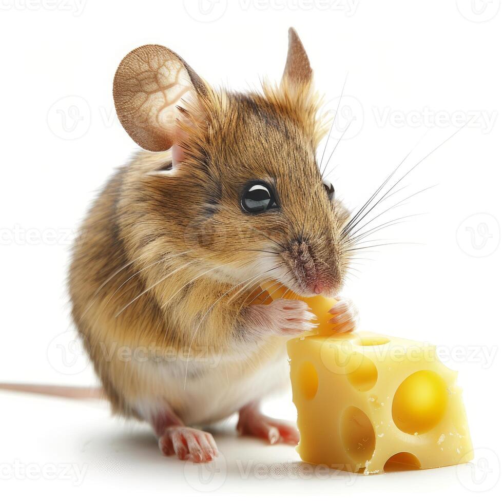 Brown house mouse eating cheese on white background photo