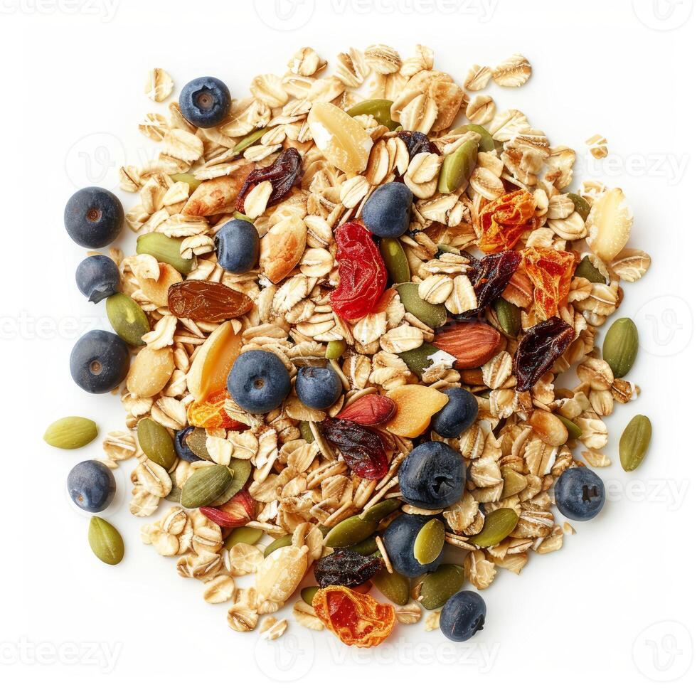 Rolled oats combined with nuts, seeds, and dried fruits creating a nutritious breakfast photo