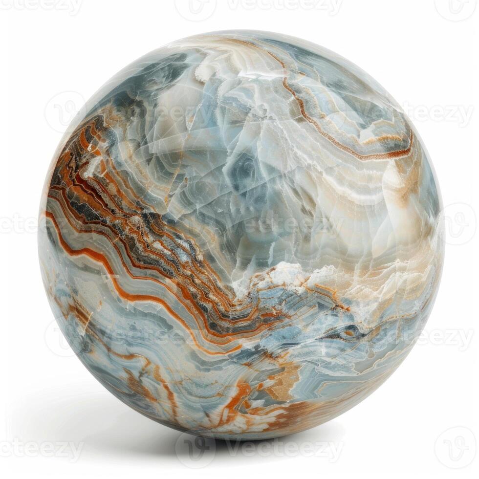 Polished blue onyx sphere showing colorful veins and layers photo