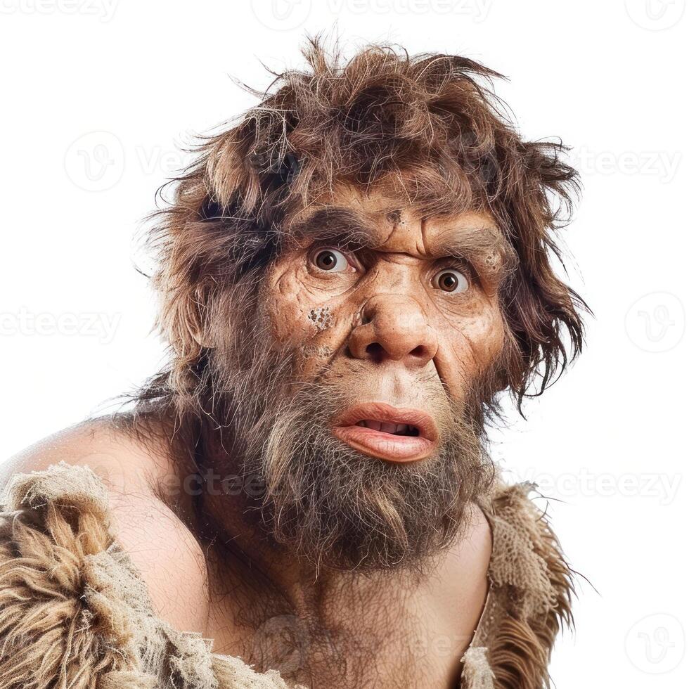 Prehistoric caveman looking surprised with a shocked face expression photo