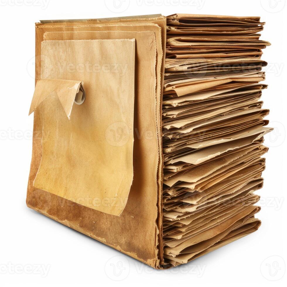 Stack of old papers with envelope flap showing wear and tear photo