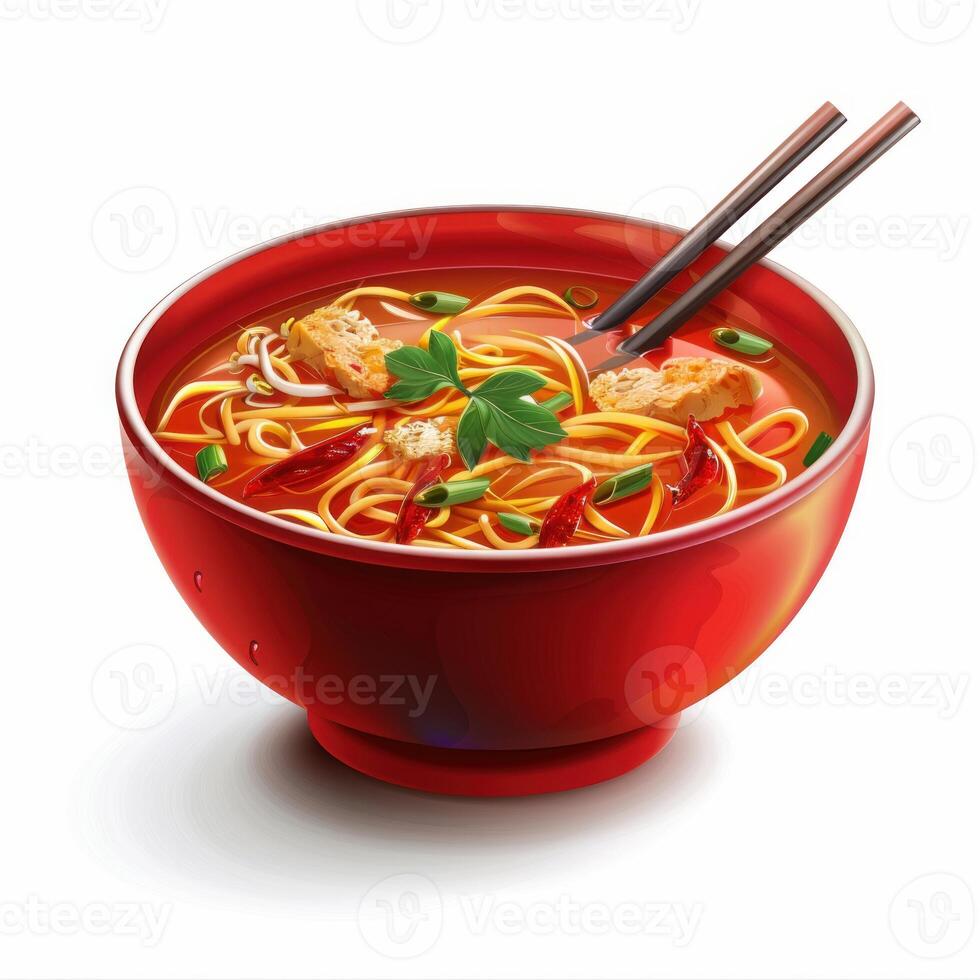 Red bowl containing delicious hot noodle soup with chopsticks photo